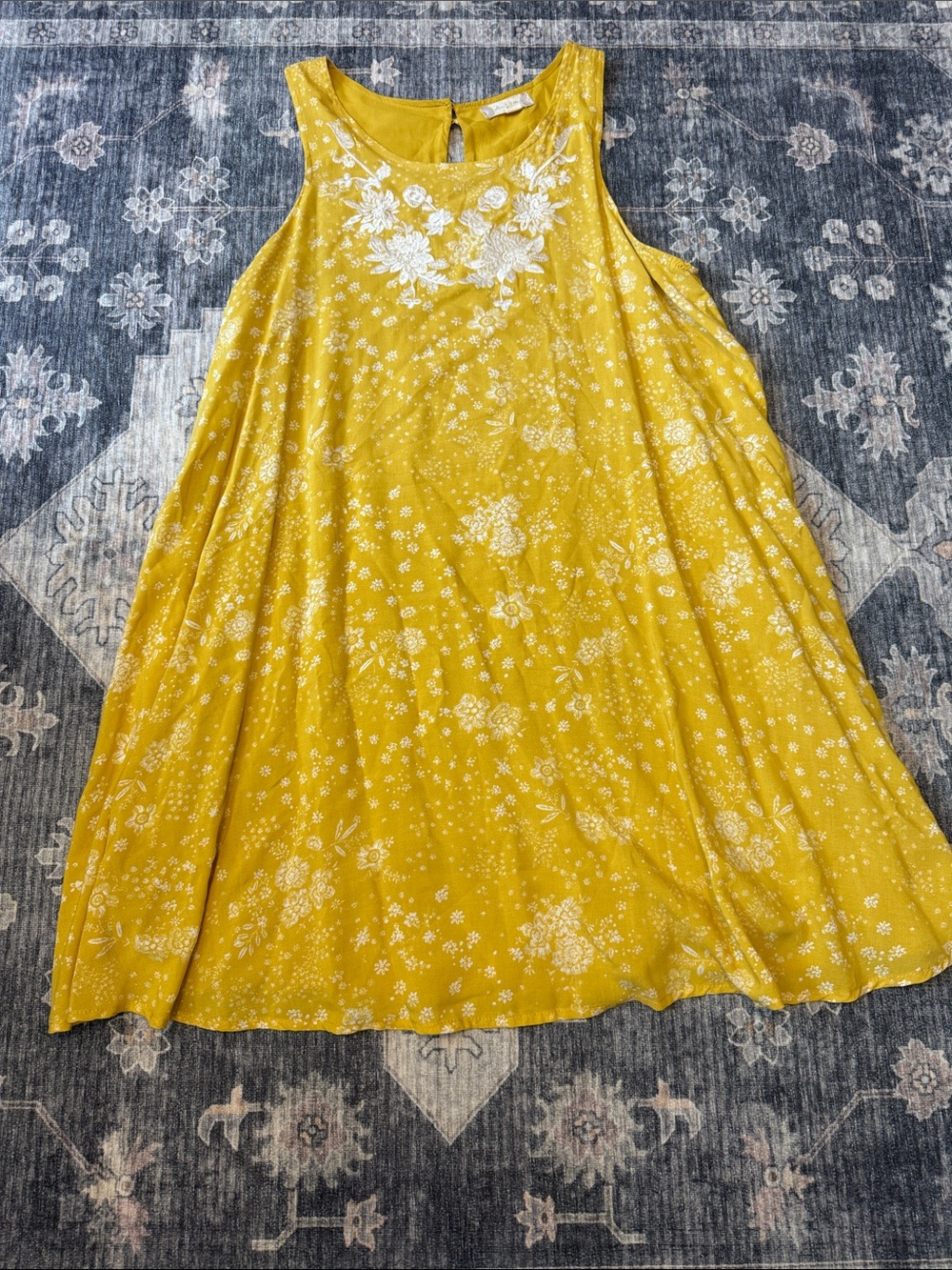 Altar'd State Yellow Floral Midi Dress with White Embroidery